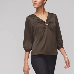 NWT new 12 WHBM White House 3/4 O ring satin blouse top Sargent olive green